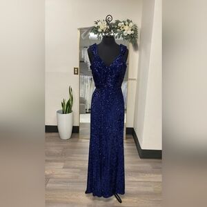 Fitted Navy Blue Sequin Evening Gown